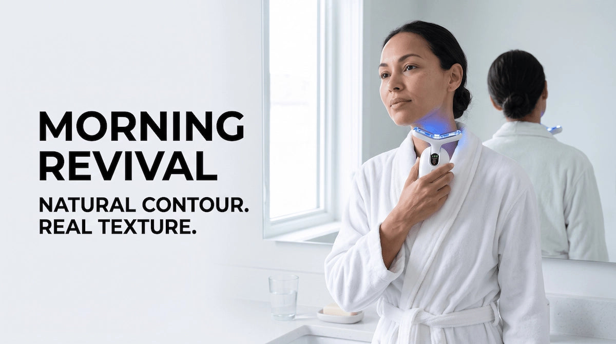 Woman in a white robe starting her morning neck care routine with a beauty device.