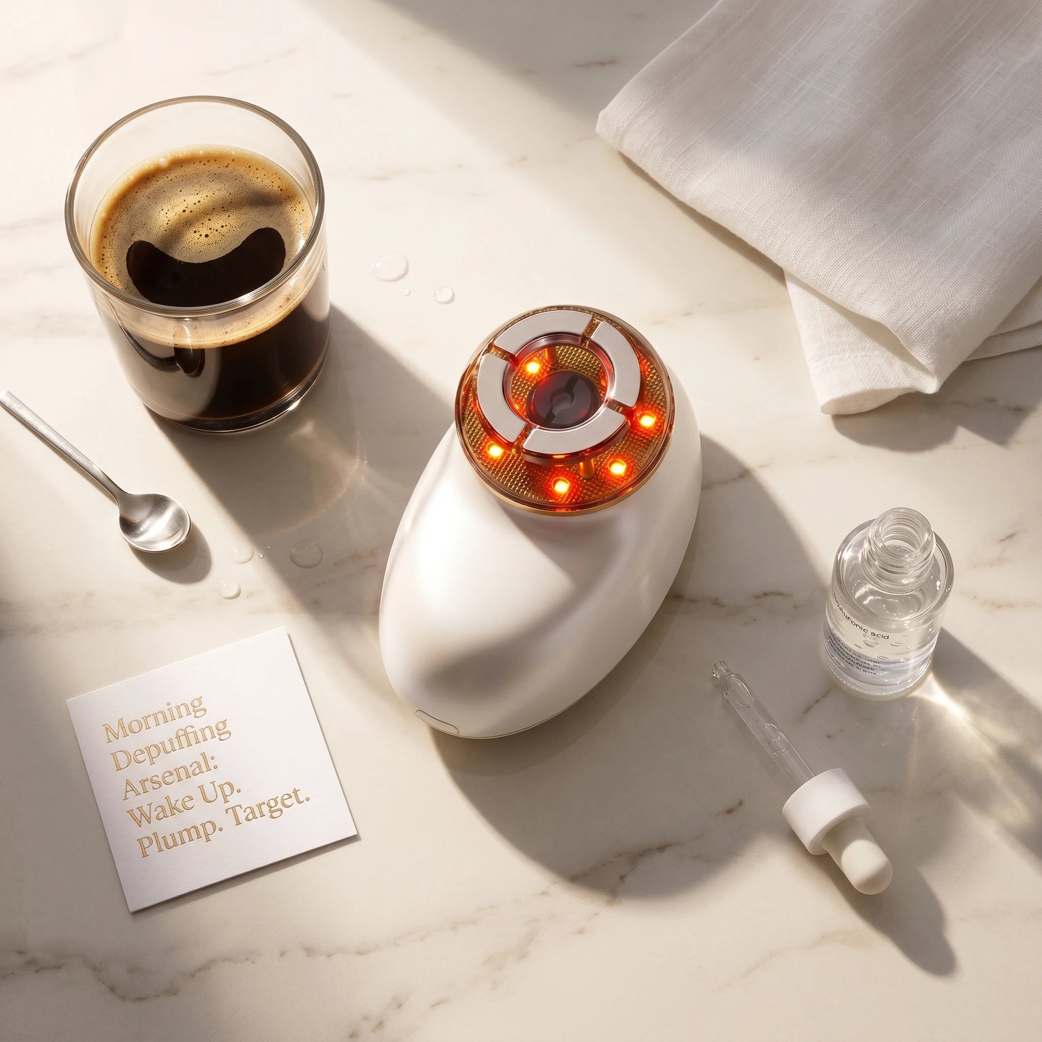 Editorial flat lay of the ELEVAURE electric suction face massager next to morning coffee and serum, representing the ultimate morning puffiness fix.