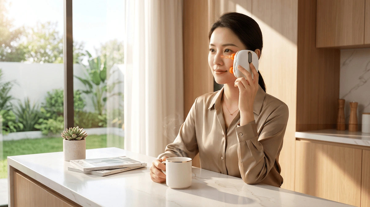 Professional woman using an eye massager during her morning coffee routine to quickly reduce under-eye puffiness.