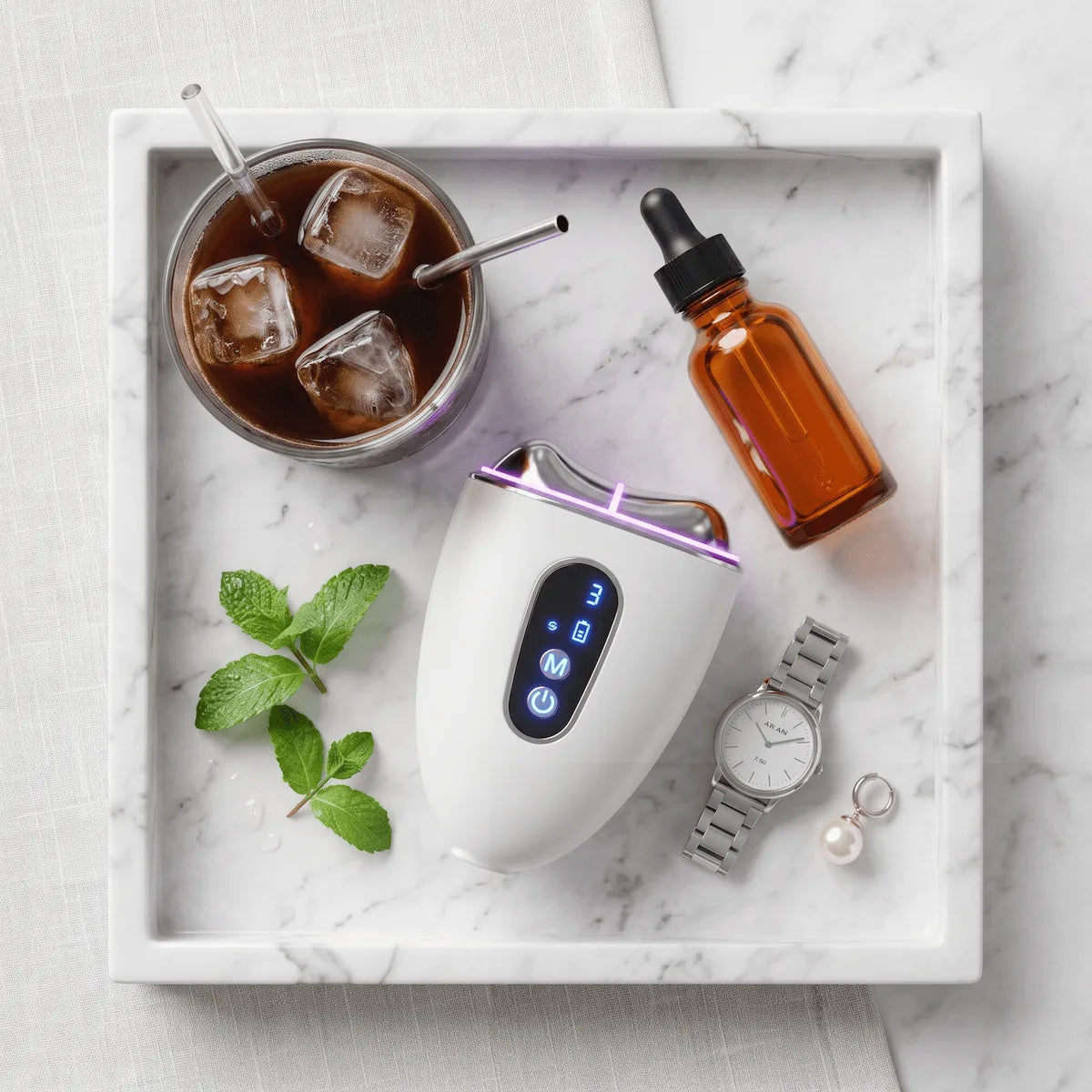 A 20s morning skincare routine flat lay featuring vitamin C serum, coffee, and an ice-mode facial massager for depuffing.