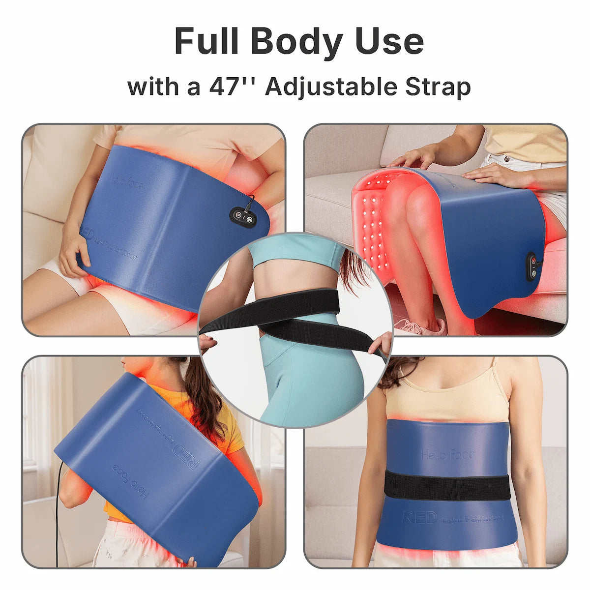 Four-part demonstration showing the red light therapy pad applied to the lower back, shoulders, knees, and waist using the 47-inch adjustable strap.