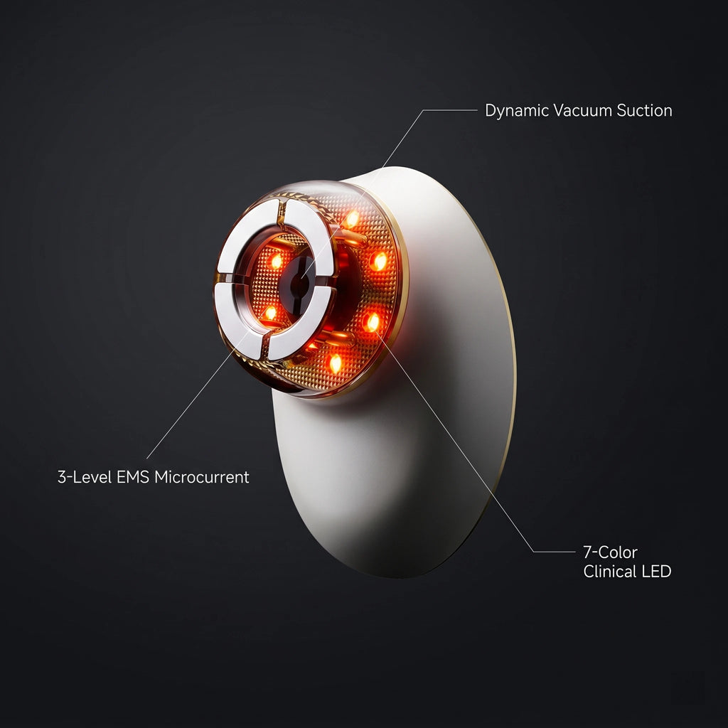 Detailed diagram of the multifunctional facial tool with 3 intensity levels, highlighting its dynamic vacuum suction and EMS microcurrent features.