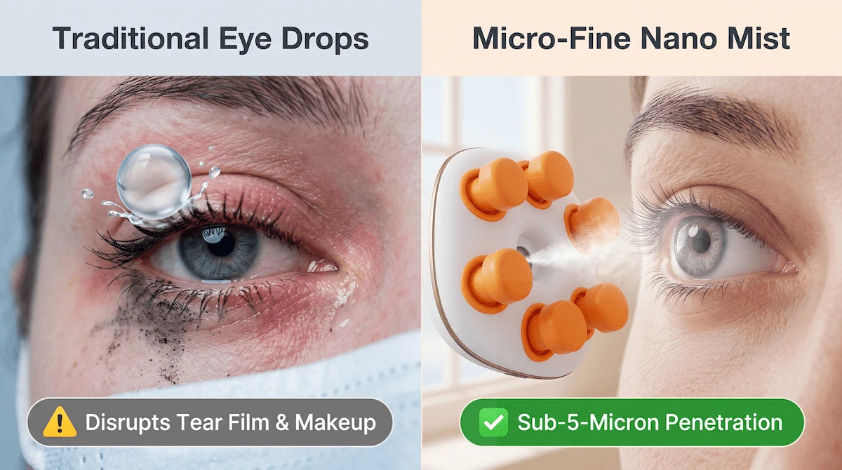 Comparison showing the discomfort of traditional eye drops versus the soothing, makeup-safe hydration of a nano mist eye sprayer.