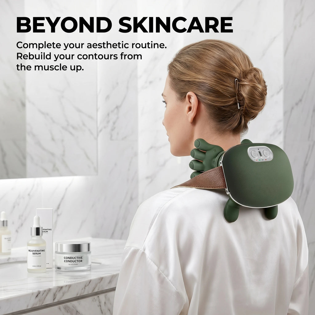 Woman in a luxurious bathroom incorporating the ELEVAURE neck massager into her daily skincare and aesthetic routine.