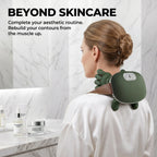 Woman in a luxurious bathroom incorporating the ELEVAURE neck massager into her daily skincare and aesthetic routine.