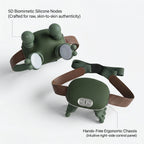 Detailed spec view of the ELEVAURE neck massager showing 5D biomimetic silicone nodes and hands-free ergonomic chassis.
