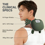Male model wearing the ELEVAURE neck massager with clinical spec callouts including 10-finger shiatsu and silent brushless motor.