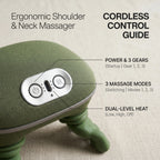 Macro close-up of the ELEVAURE neck massager control panel showing power, massage modes, and dual-level heat buttons.