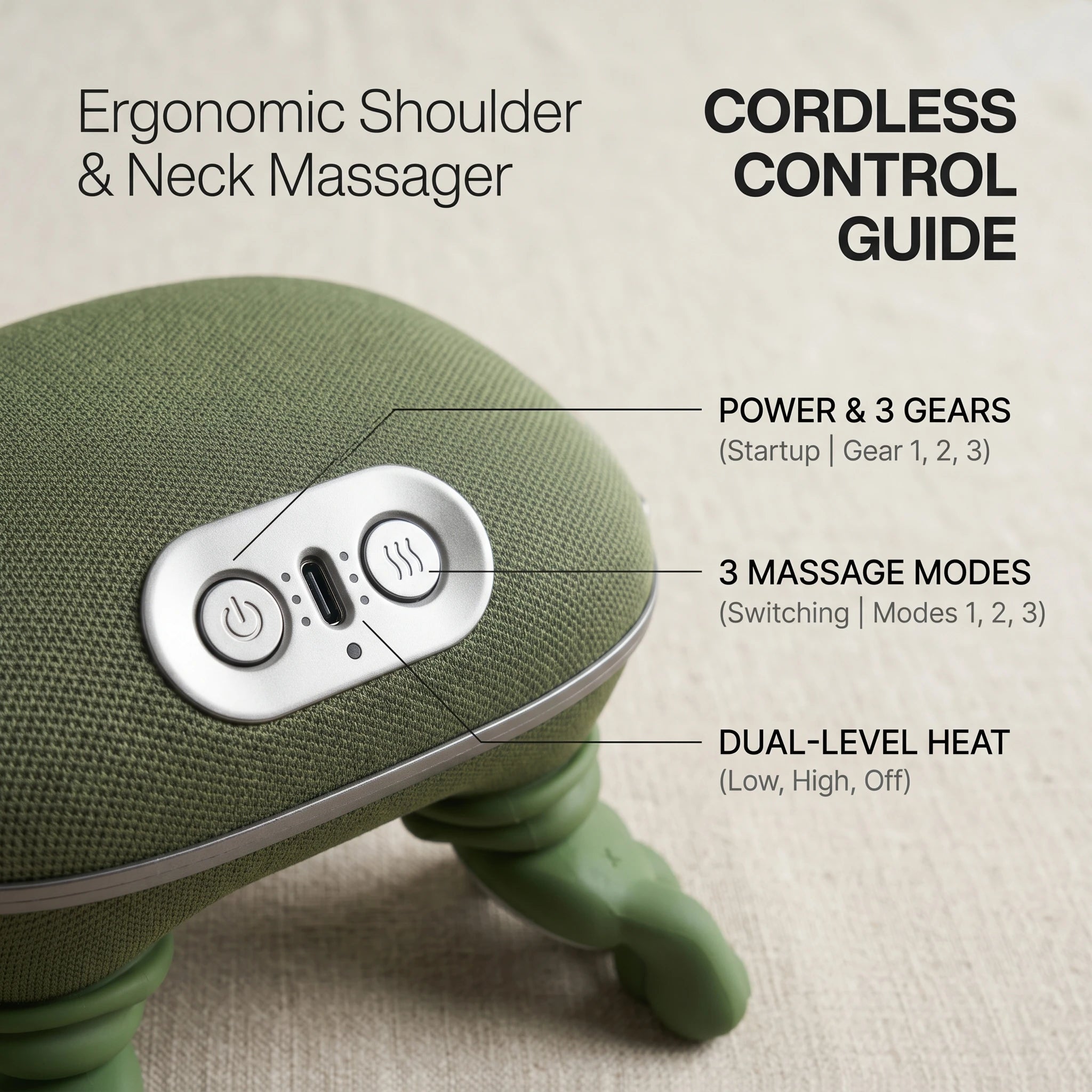 Macro close-up of the ELEVAURE neck massager control panel showing power, massage modes, and dual-level heat buttons.
