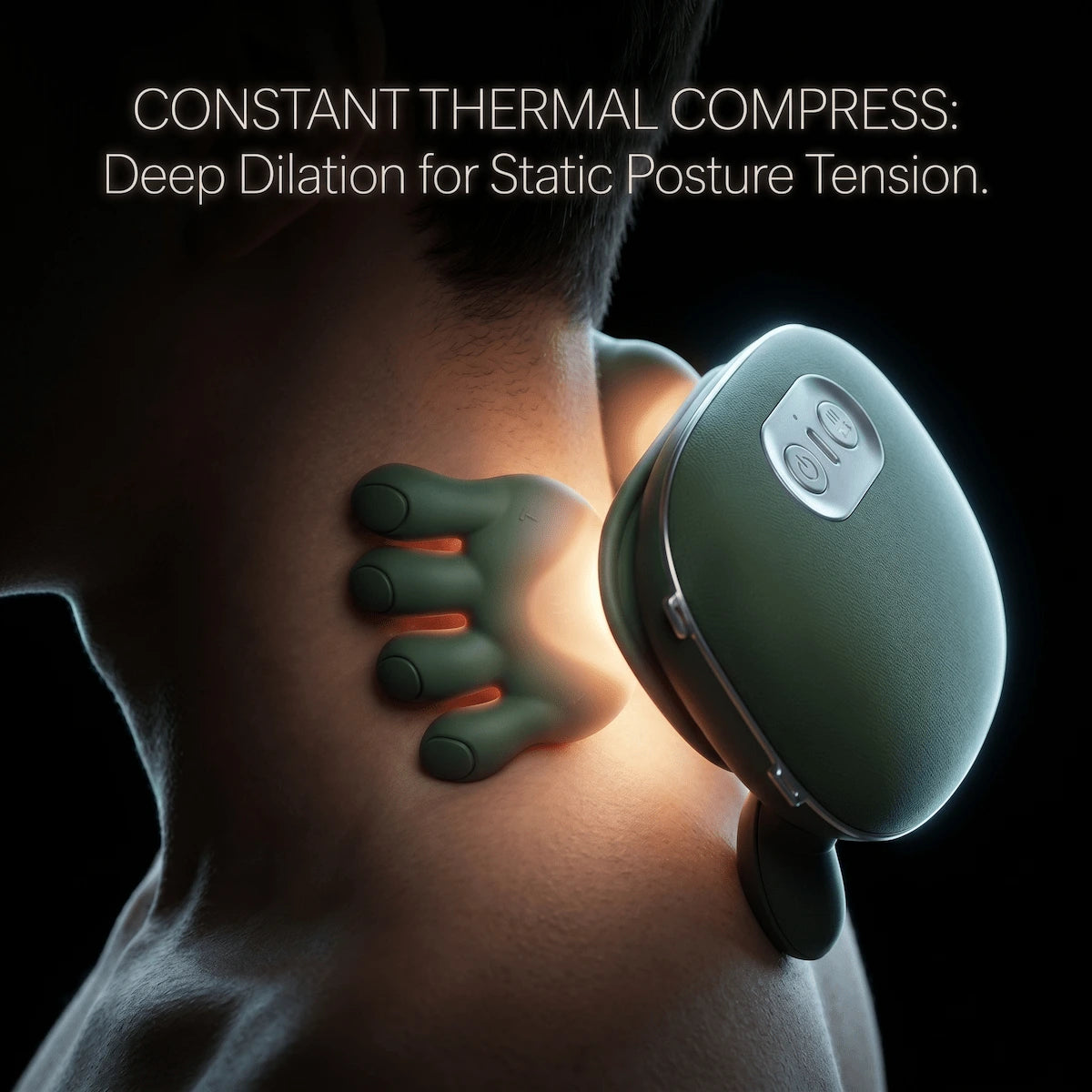 Close-up of a model wearing a sage green neck massager with localized heat therapy permeating the trapezius and neck base muscles.