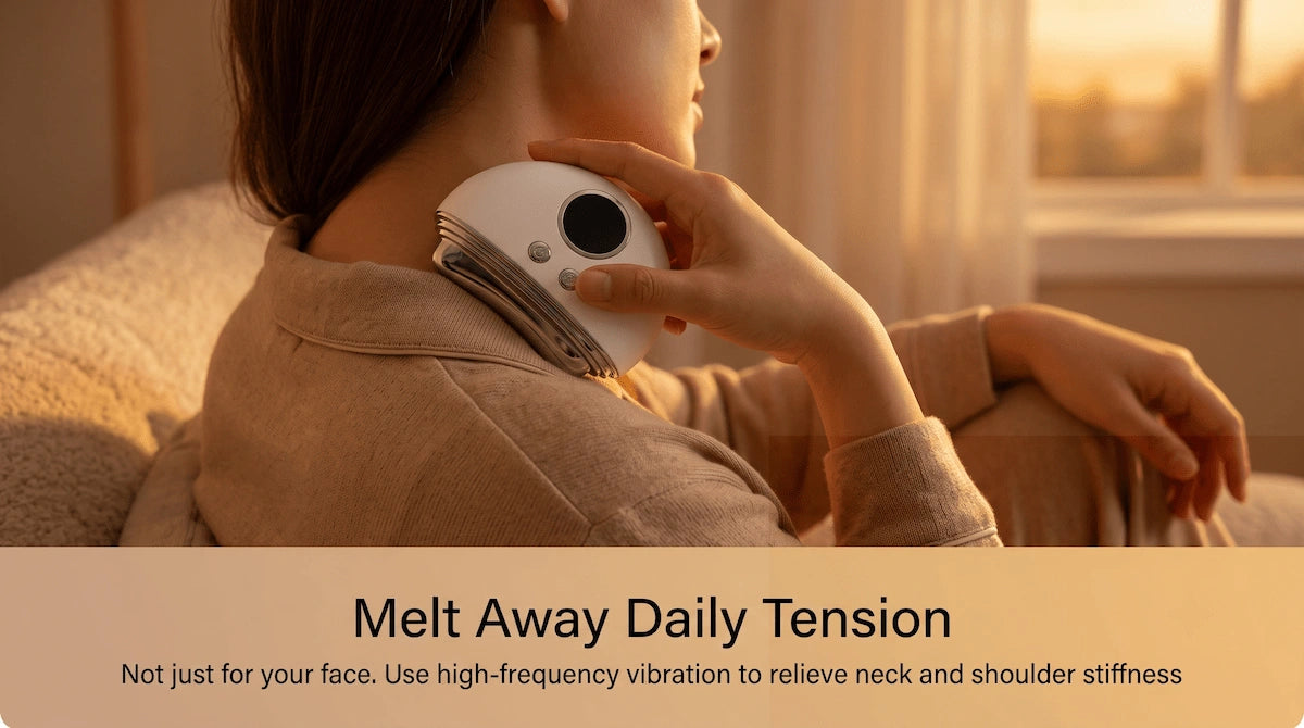 Woman using the EMS face massager on her neck and shoulders to relieve muscle tension.