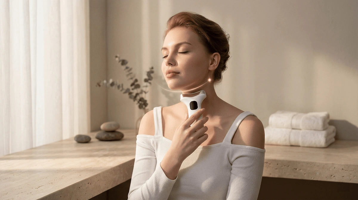 Woman using the Elevaure facial device along her jawline and neck demonstrating Mode 6 microcurrent EMS with violet LED for lifting and contouring.
