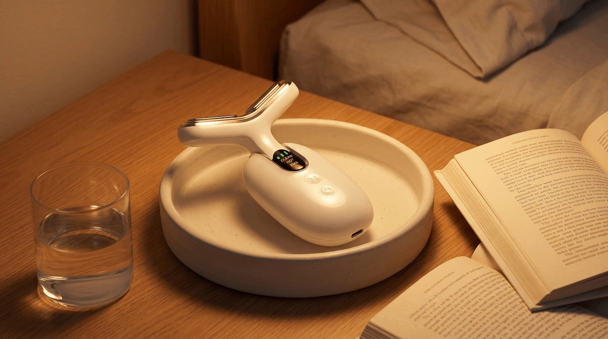 A neck firming device on a nightstand ready for an evening skincare routine.