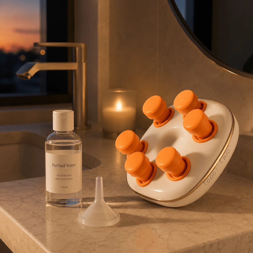 The Elevaure eye massager and filling funnel placed on a modern bathroom vanity, preparing for a nighttime ocular hydration routine.