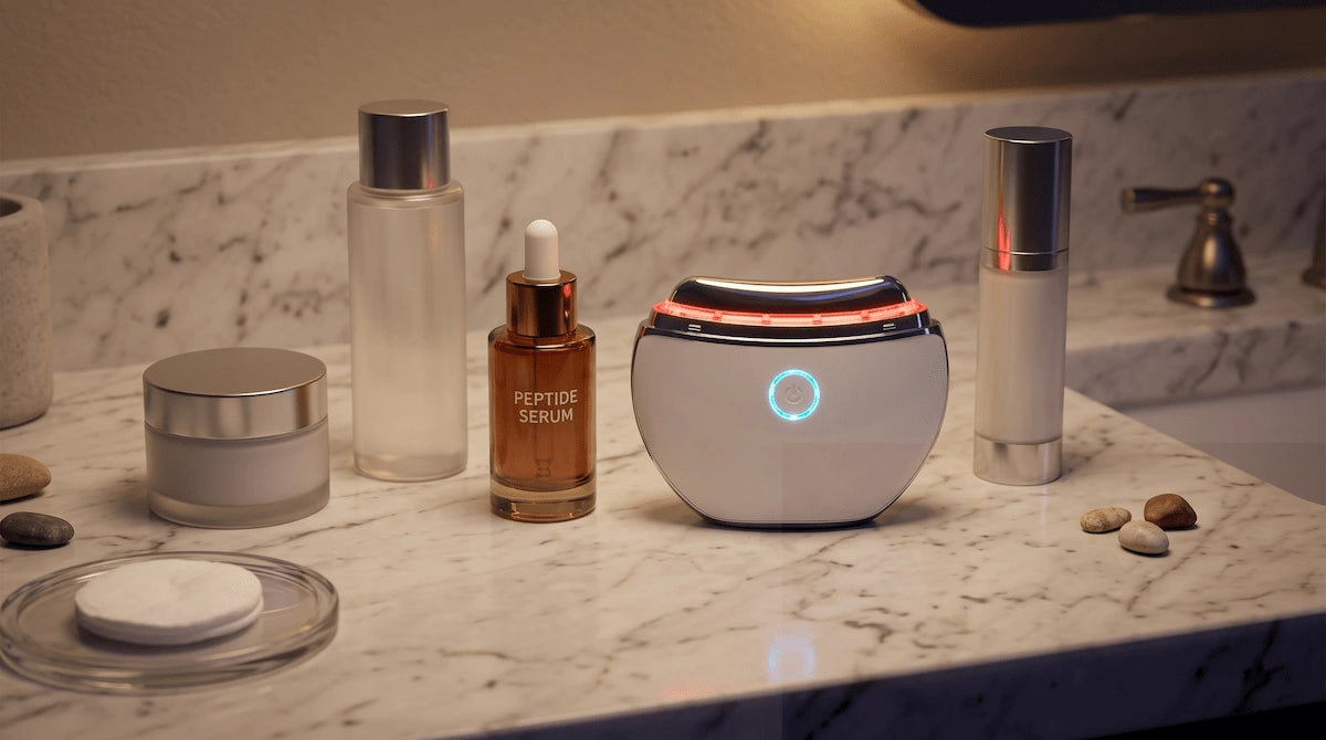 A luxurious nighttime skincare routine setup featuring peptide serums and the ELEVAURE red light and heat therapy device.
