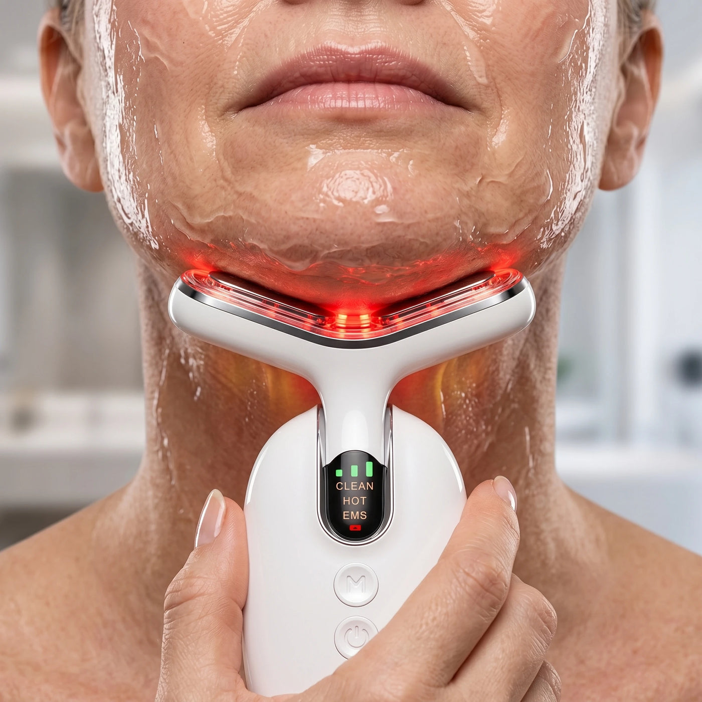 Close up of a mature woman embracing her natural beauty, looking for solutions on how to tighten turkey neck at home fast without surgery.