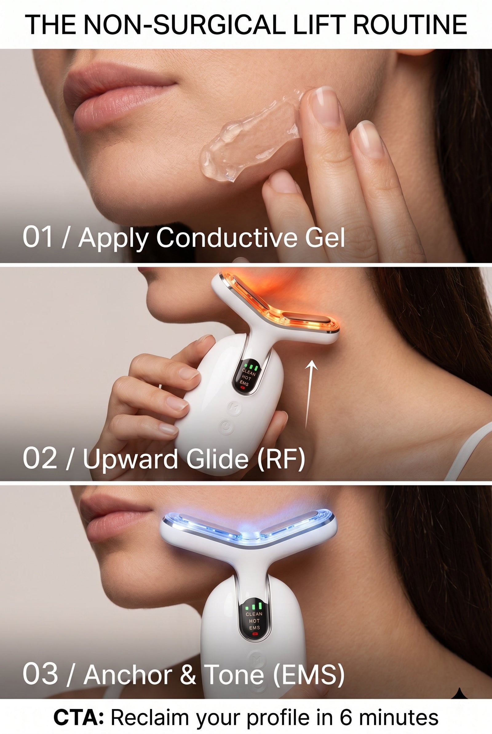 The Non-Surgical Lift Routine — 3-step guide showing apply conductive gel, upward glide with RF mode, and anchor and tone with EMS microcurrent for a sculpted jawline in 6 minutes.