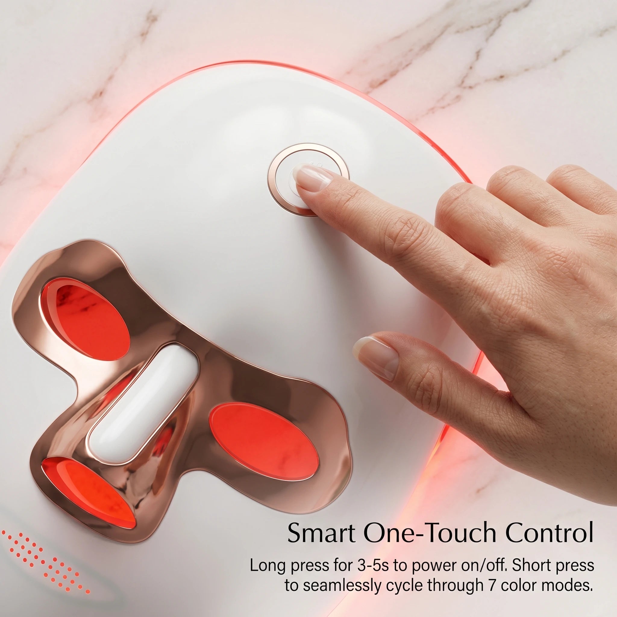 Close-up of a woman's finger pressing the intuitive hand-icon touch control on the Elevaure LED mask to seamlessly switch between 7 color light modes.