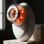 Pearl White edition of the ELEVAURE LED face massager for skin tightening and lifting, presented on a minimalist travertine stone base.
