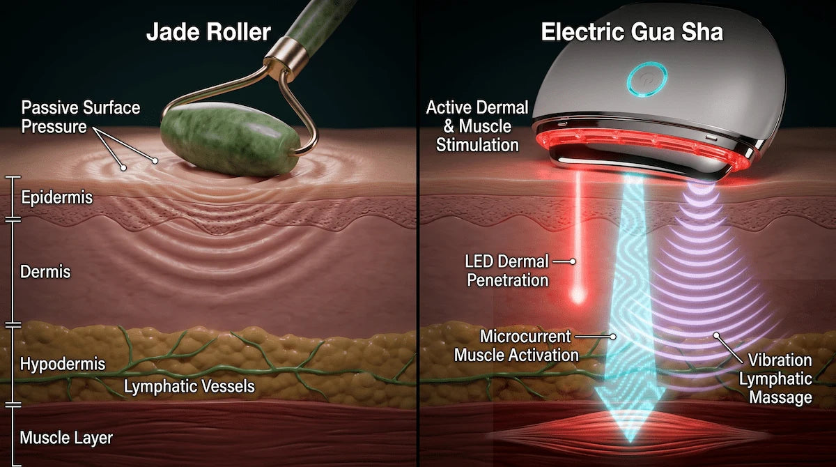 3D skin layer diagram comparing the shallow surface reach of a jade roller to the deep muscle and dermal penetration of an electric gua sha.