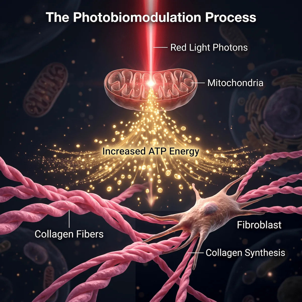 3D illustration of red light therapy stimulating mitochondria to produce ATP and boost collagen synthesis.