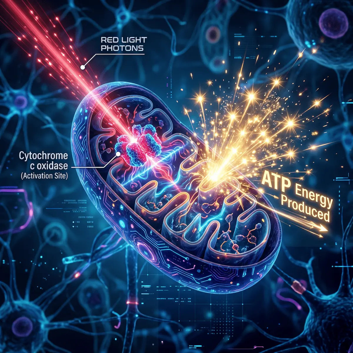 3D biological illustration of red light photons stimulating mitochondria to produce ATP cellular energy.