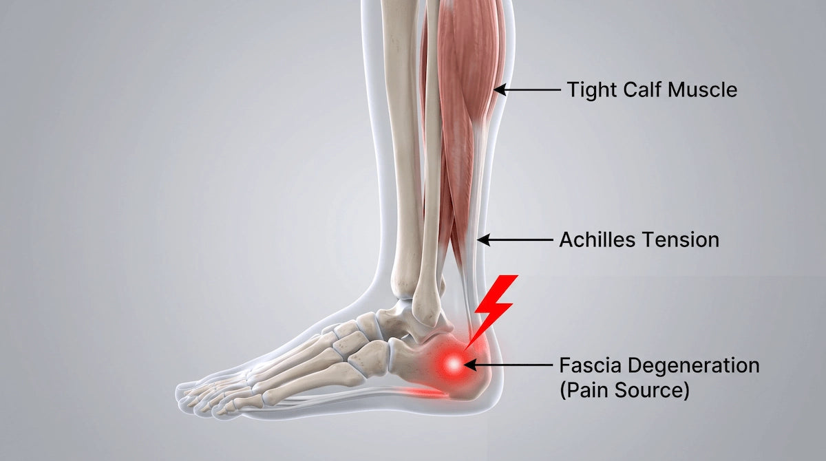 Anatomical diagram showing how tight calf muscles pull on the Achilles tendon and cause plantar fasciitis heel pain.