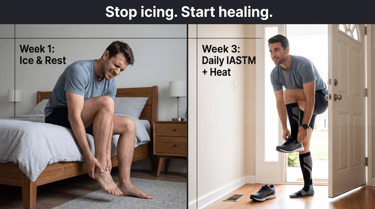 Before and after comparison of plantar fasciitis recovery using rest and ice versus an electric IASTM scraper.