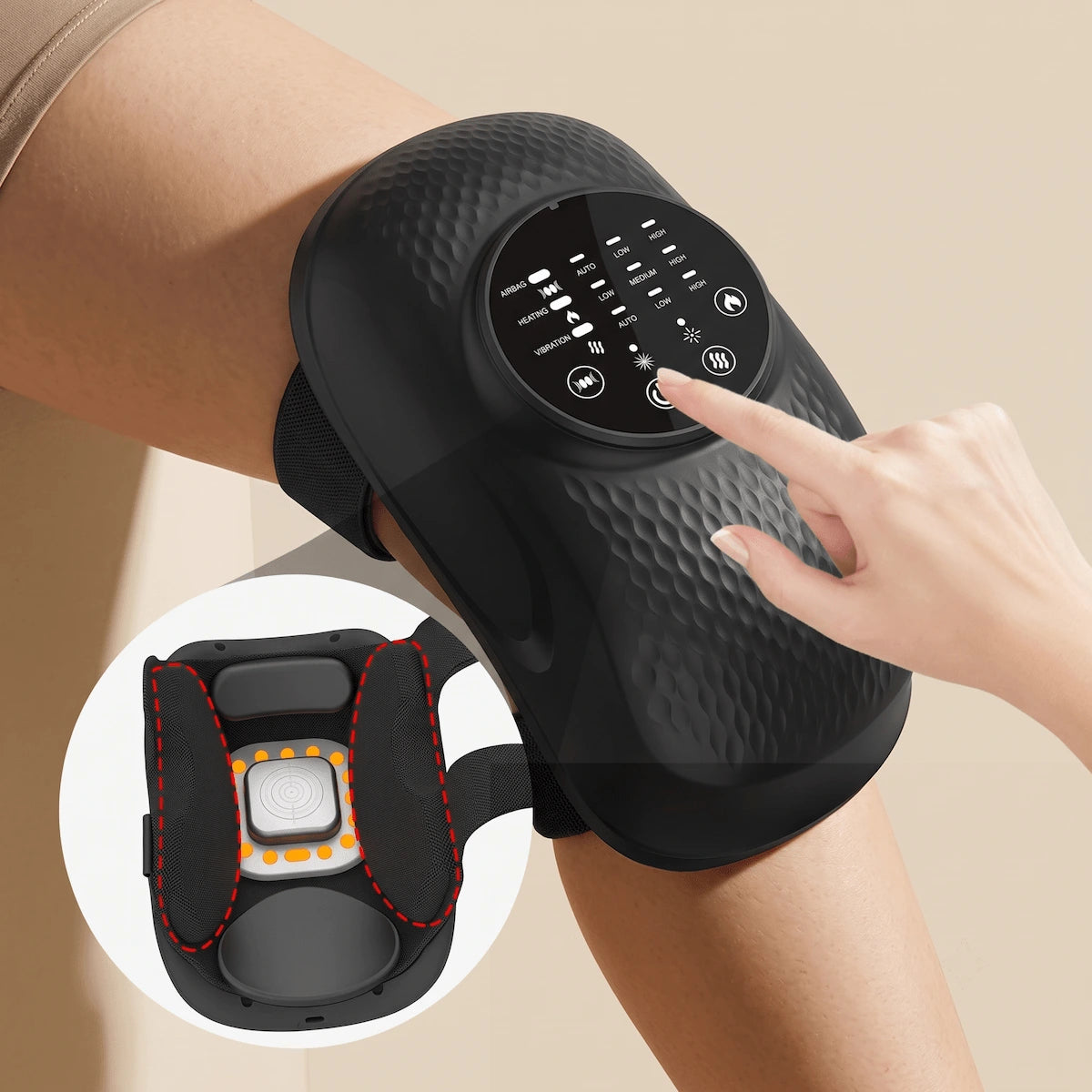 Exploded view of the Elevaure knee device illustrating its pneumatic compression, heat therapy, and vibration features.