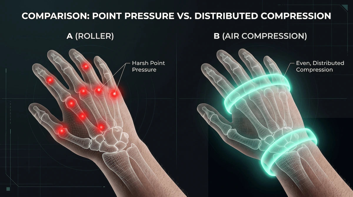 Diagram comparing harsh point pressure from rollers with even distributed pneumatic compression.