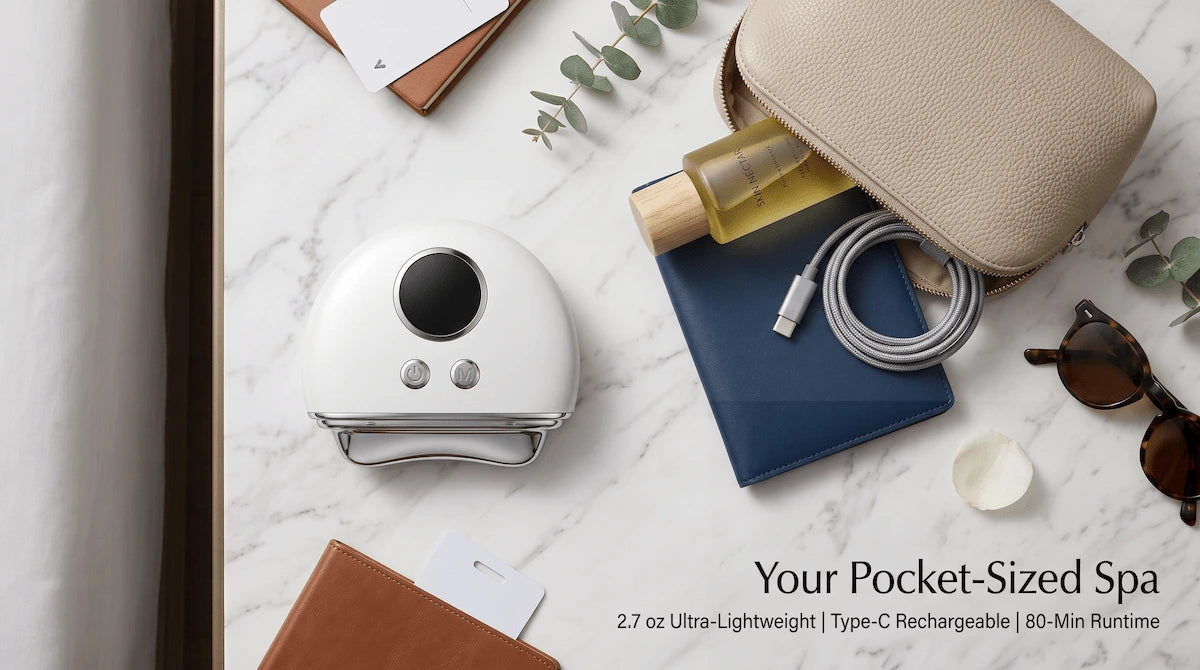 Travel-friendly 4-in-1 EMS face massager flat lay with skincare products and Type-C cable.