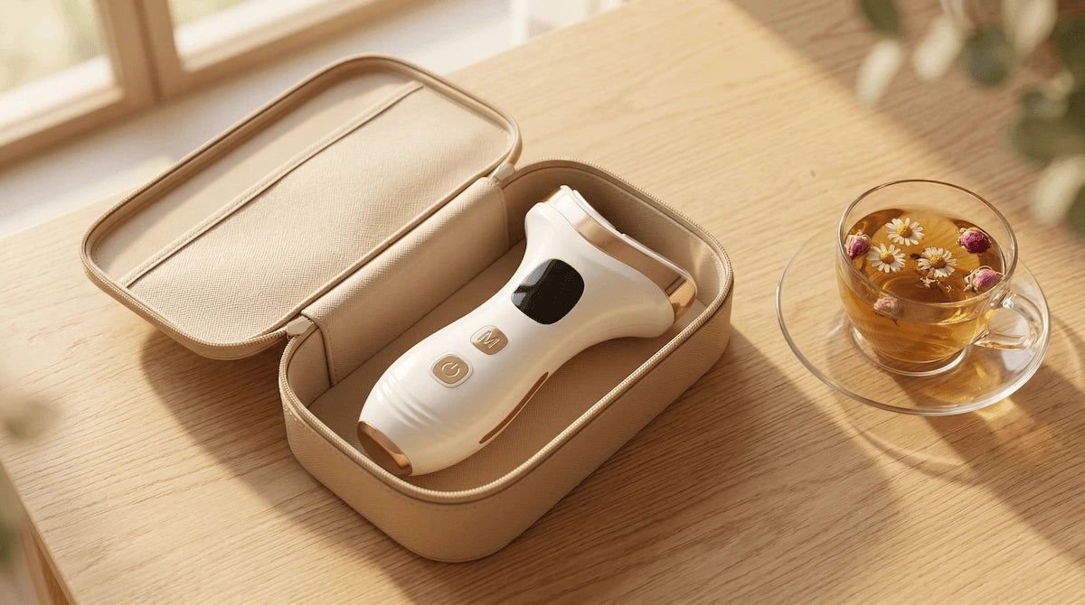 Portable hot and cold face massager stored in a premium beige leather travel case on a wooden table next to a cup of herbal tea.
