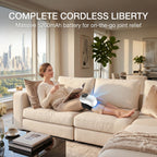 Person relaxing in a sunlit living room experiencing the cordless freedom of a portable rechargeable knee heating pad.