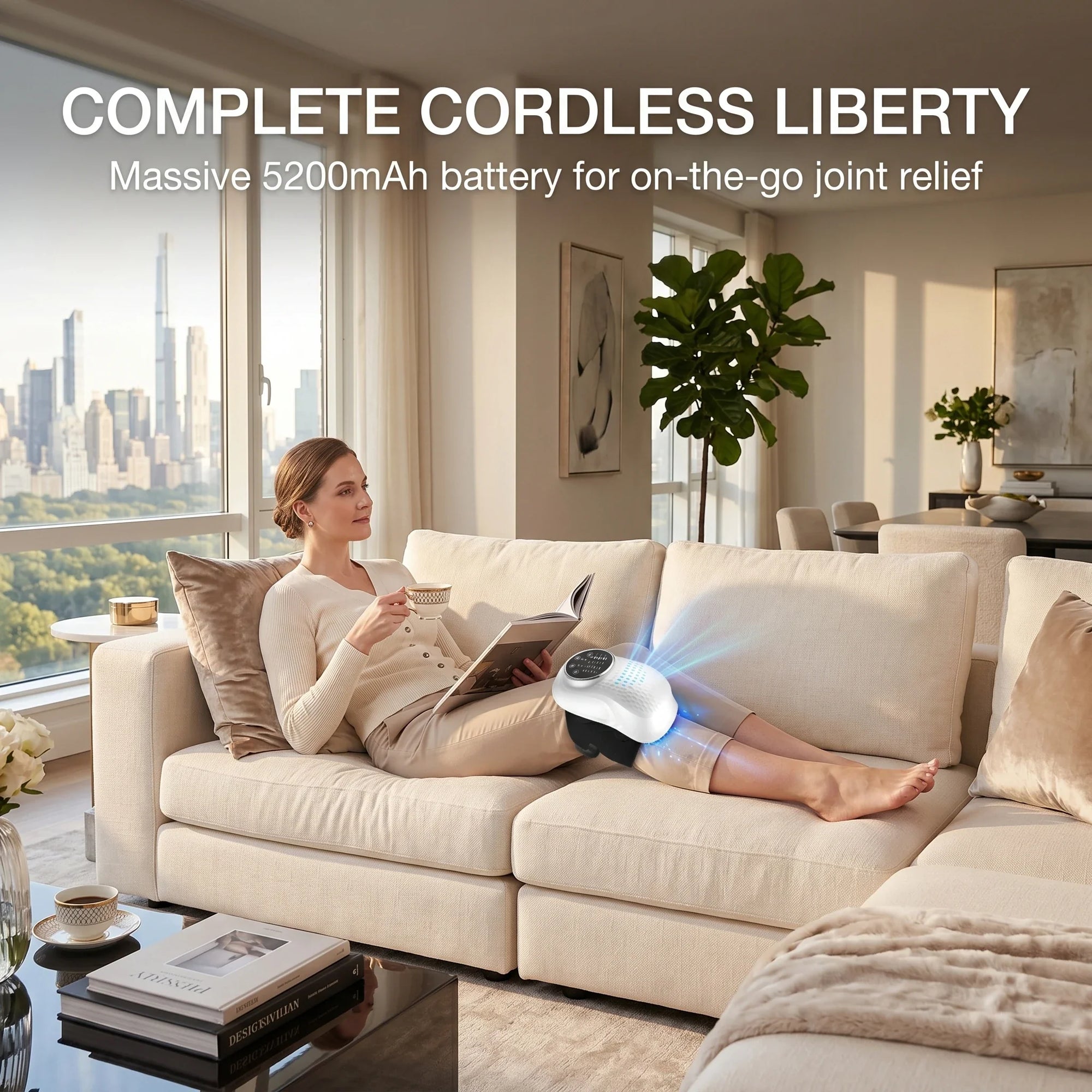 Person relaxing in a sunlit living room experiencing the cordless freedom of a portable rechargeable knee heating pad.