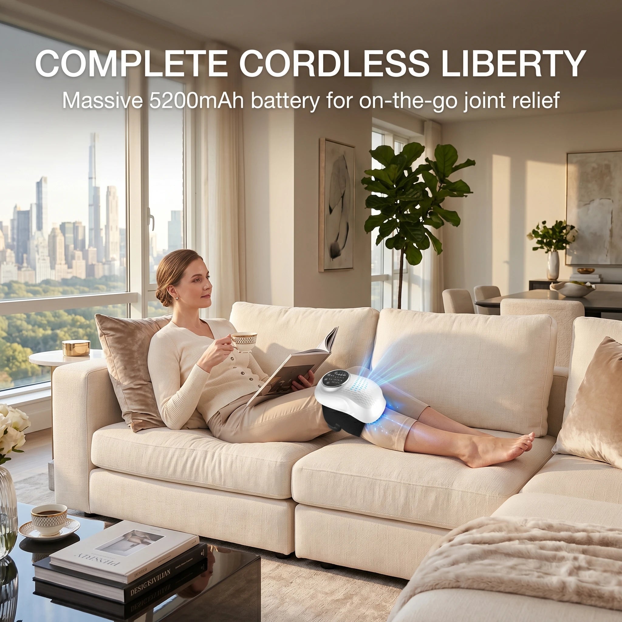 Person relaxing in a sunlit living room experiencing the cordless freedom of a portable rechargeable knee heating pad.