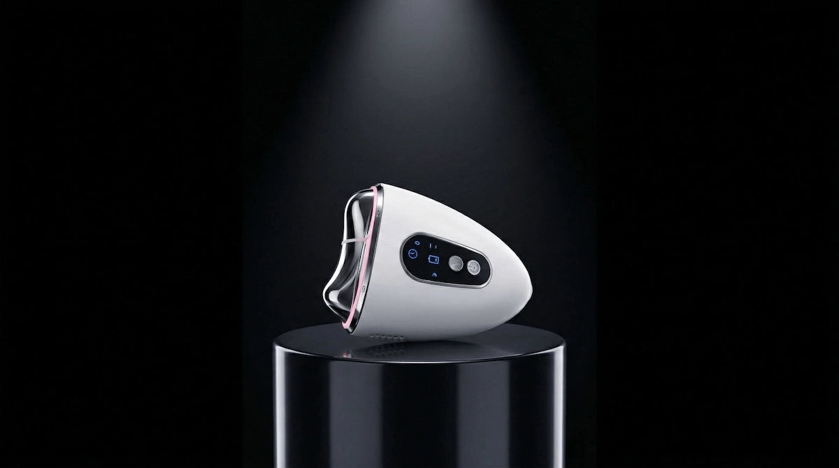 ELEVAURE portable thermal face massager packed in a travel kit alongside skincare essentials.