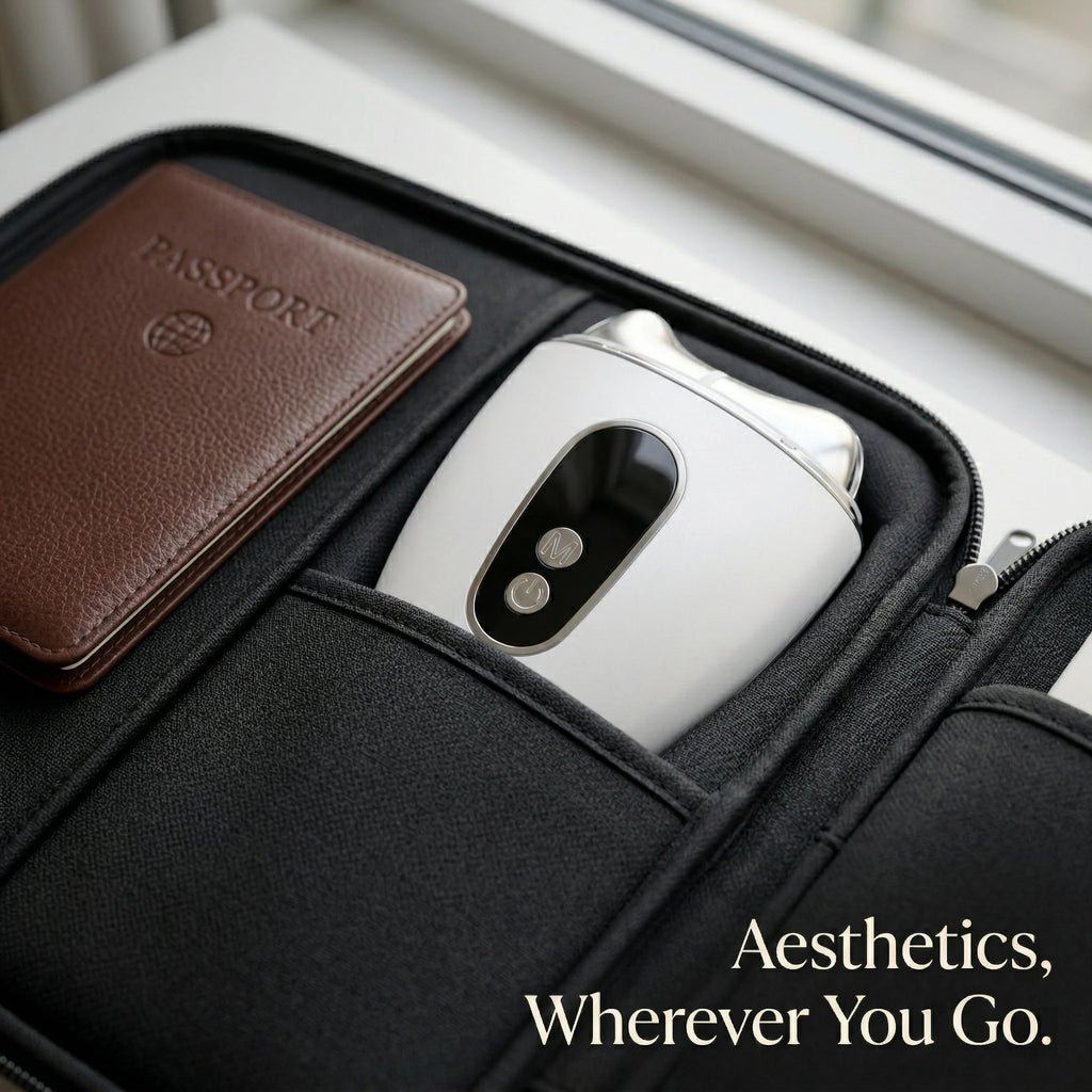 Elevaure sculptor packed inside a sleek matte black travel pouch on a marble table with a passport.