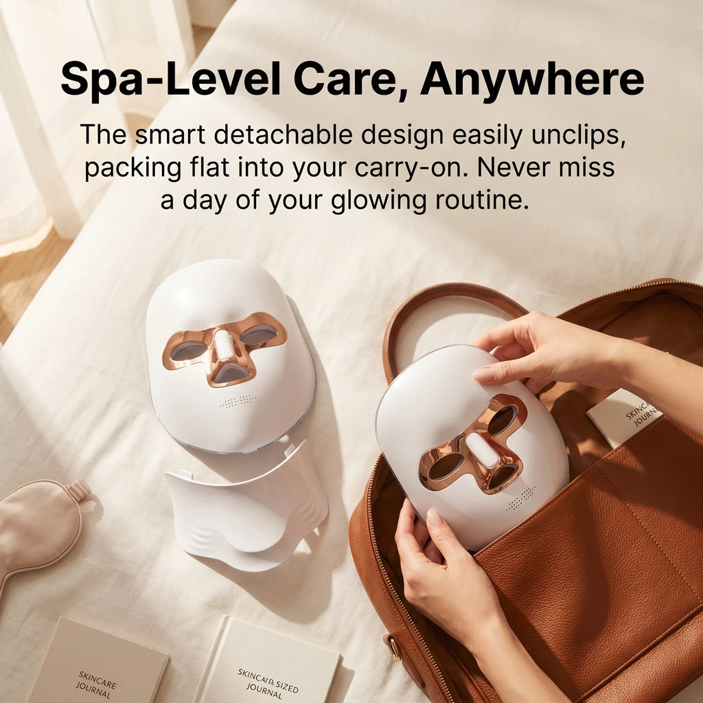 Woman packing the detachable two-piece LED face and neck mask into a brown leather carry-on bag, showcasing its smart, flat-packing travel design.