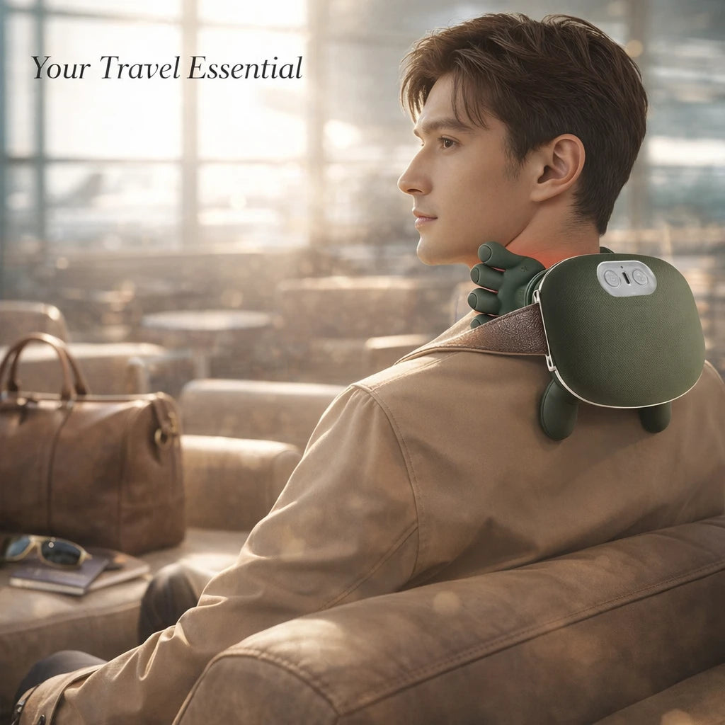 Man relaxing in an airport lounge wearing the lightweight and portable ELEVAURE travel neck massager.