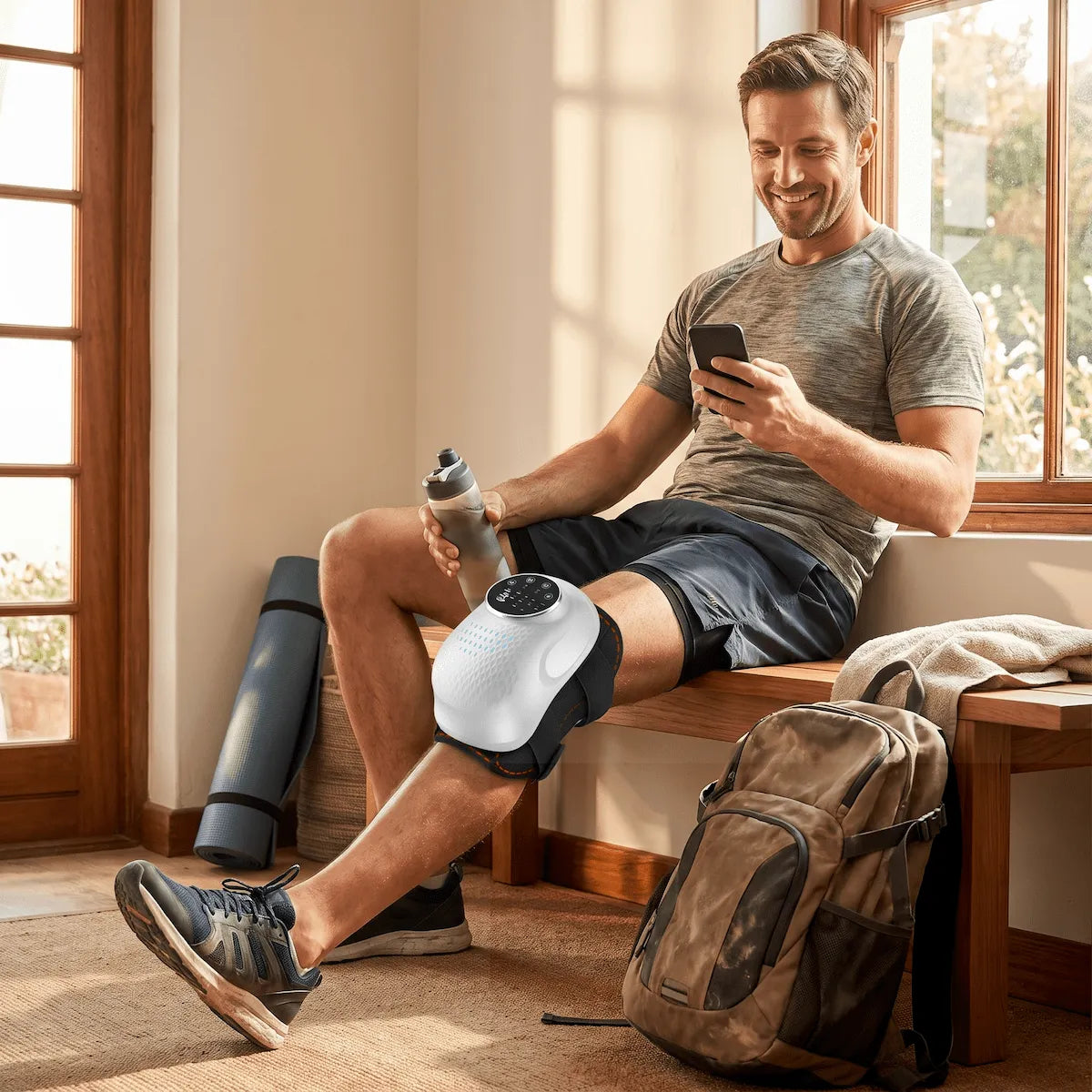 Active adult relaxing after a workout using an air compression knee massager to prevent joint stiffness and speed up recovery.