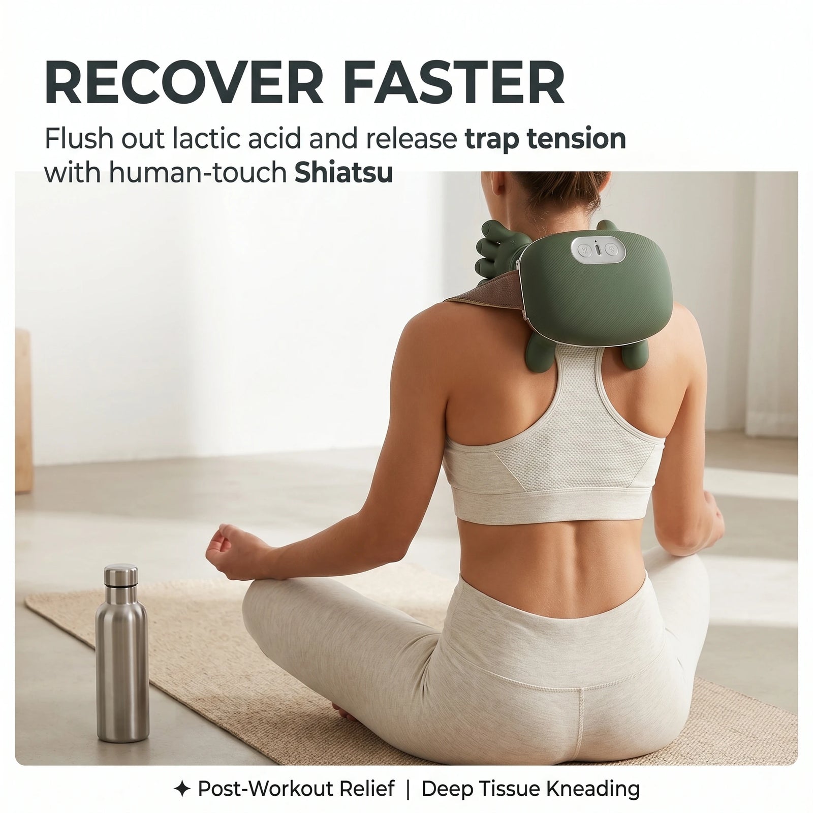 Woman in yoga wear using the ELEVAURE neck massager for post-workout active recovery and lactic acid relief.