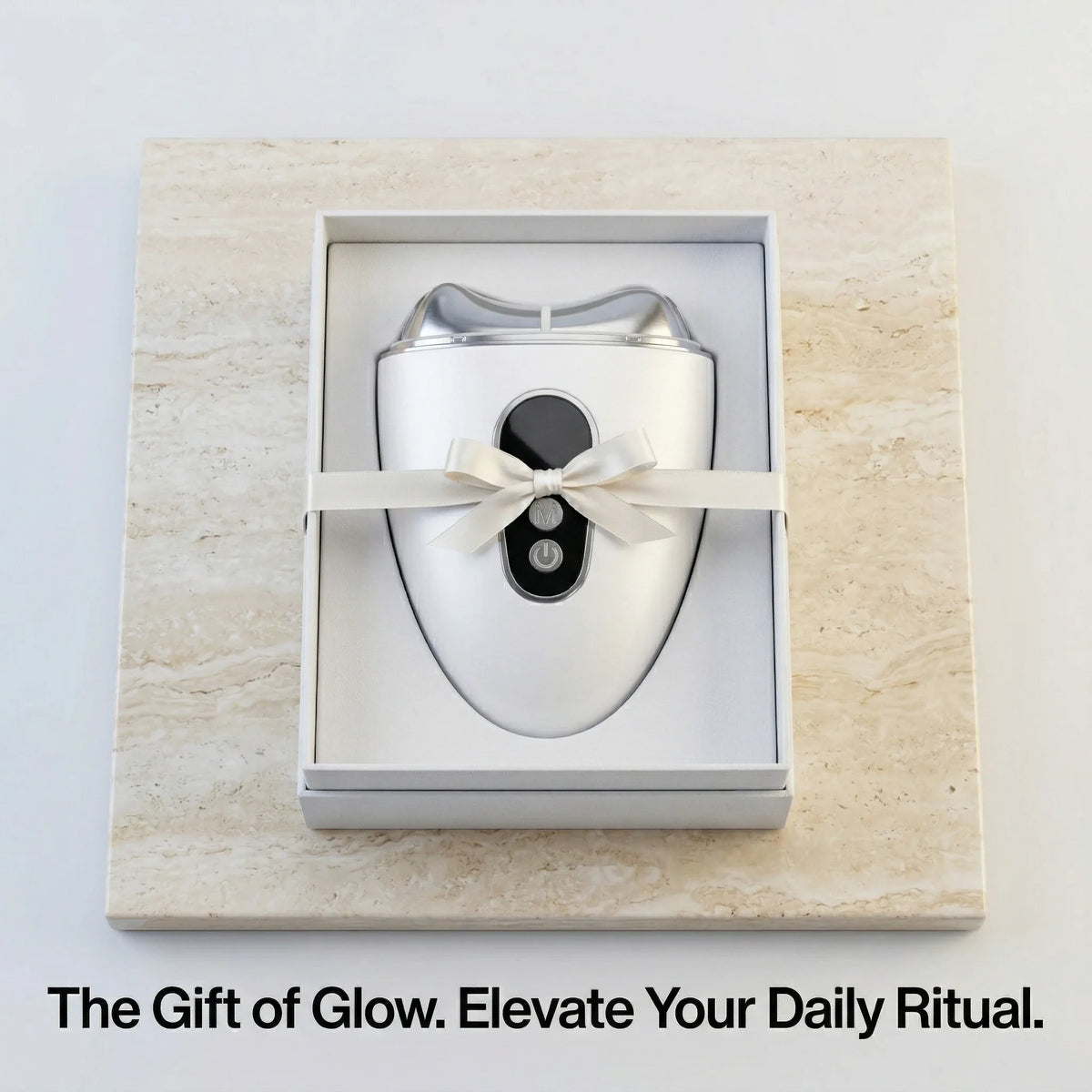 The ELEVAURE sculptor elegantly displayed inside a premium matte black gift box with a ribbon.