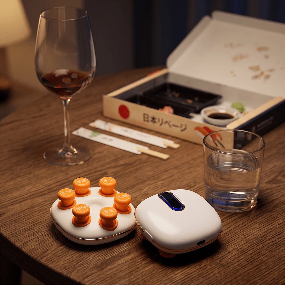 The Elevaure eye massager set next to a glass of water and wine, ready to prevent morning eye puffiness after a salty meal.