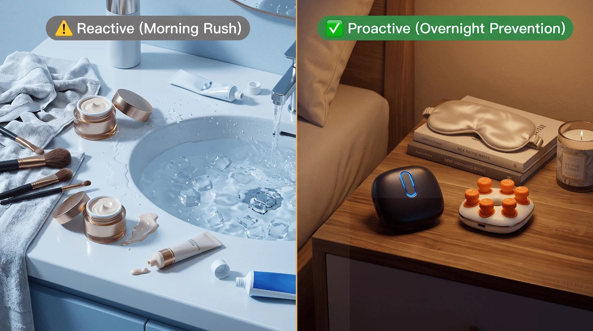 Comparison of a rushed morning routine trying to fix puffy eyes versus a relaxing nightly routine preventing puffiness with an eye massager.