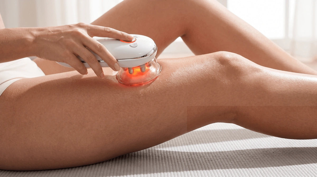 Using Elevaure vacuum massager on quadriceps to flush out inflammation after a heavy leg day.