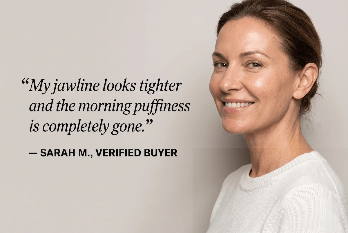 Portrait of a smiling woman displaying radiant, firm skin and a defined jawline after consistent use of an at-home EMS facial contouring routine.