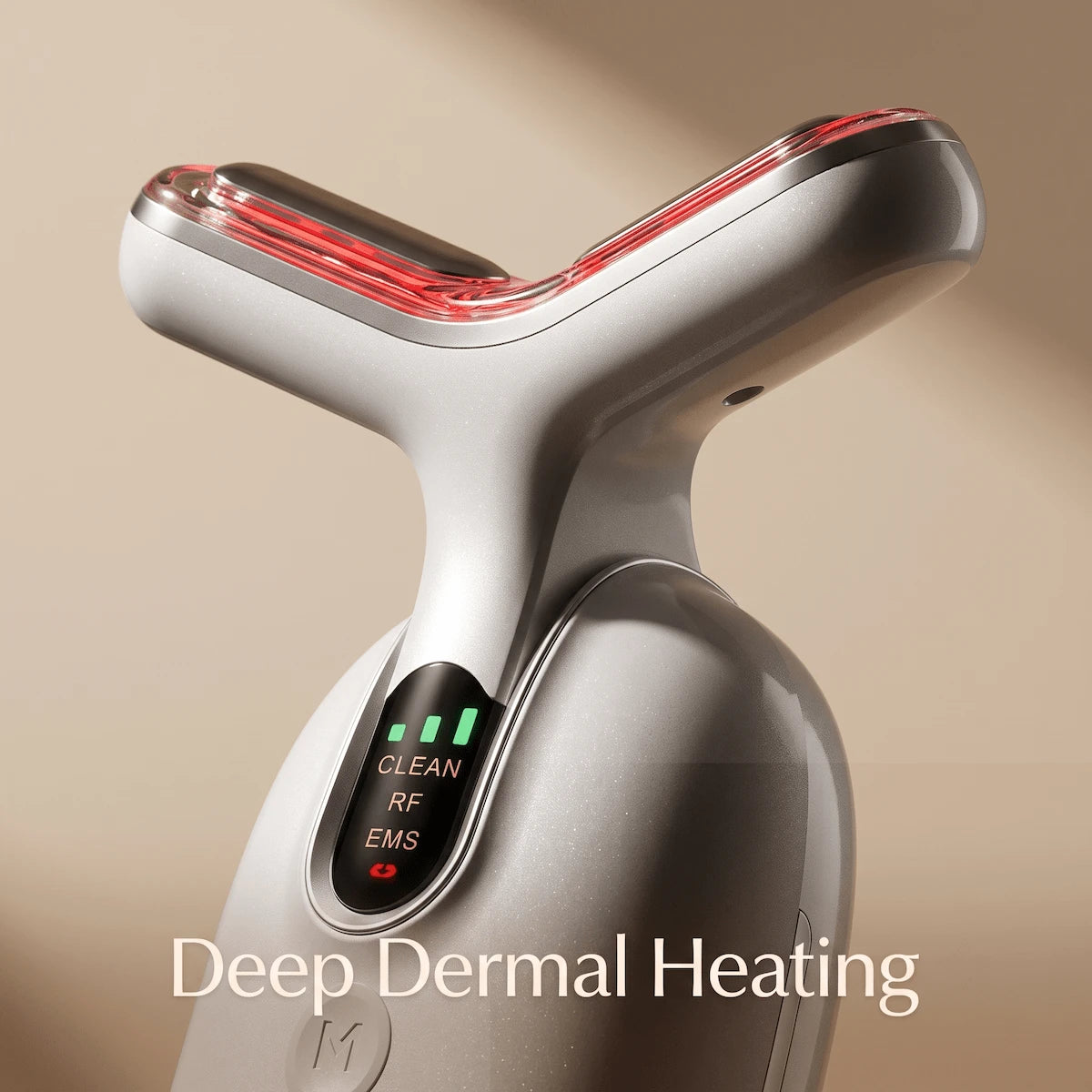 Close-up of the Elevaure RF skin tightening device showing intensity level 3 on its digital screen, delivering controlled dermal heat.