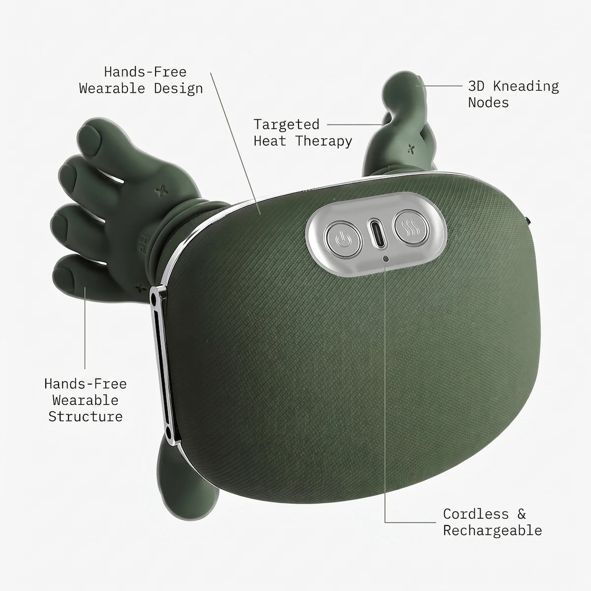 Rechargeable neck massager clinical features — heat function, dual massage zones, USB rechargeable, single-button operation.