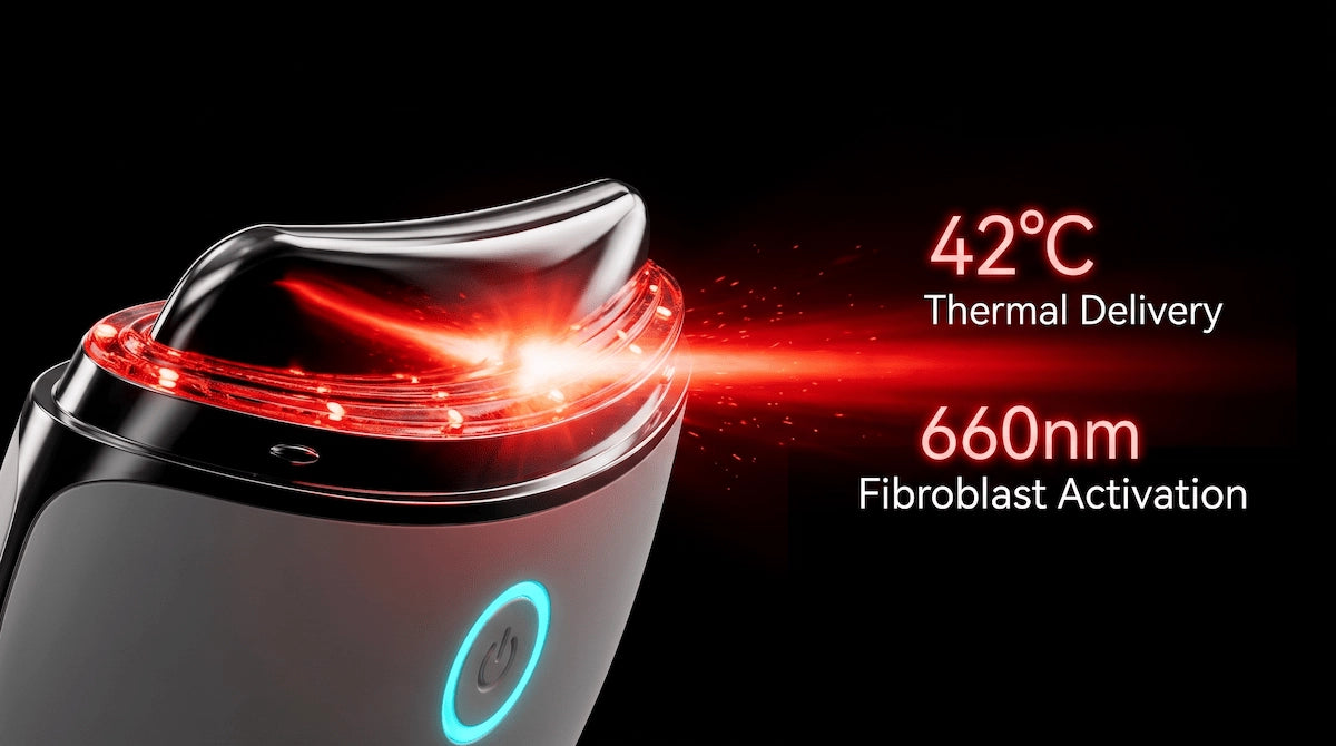 Macro detail of the ELEVAURE facial device emitting 660nm red LED light and 42-degree heat for skincare penetration.