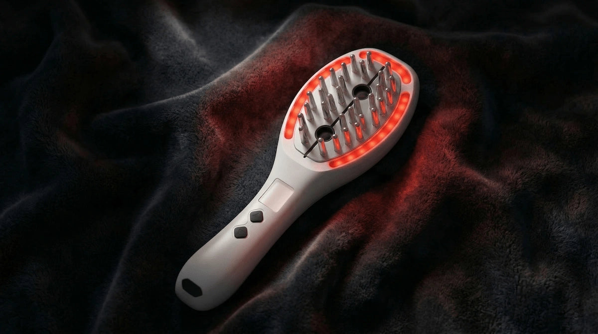 Elevaure red light scalp massager glowing in nighttime routine — LED phototherapy for hair growth